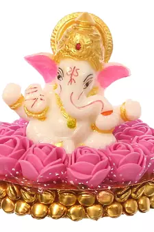 eCraftIndia Lord Ganesha Idol on DECORative Handcrafted Plate with Pink Flowers