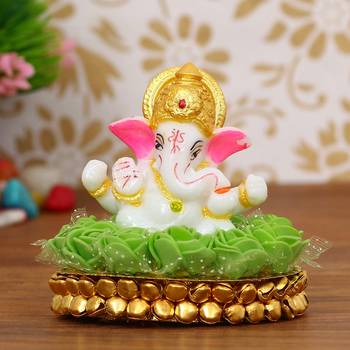 eCraftIndia Lord Ganesha Idol on DECORative Handcrafted Plate with Green Flowers 1
