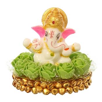 eCraftIndia Lord Ganesha Idol on DECORative Handcrafted Plate with Green Flowers 3