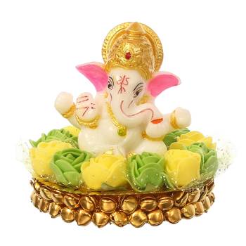 eCraftIndia Lord Ganesha Idol on DECORative Handcrafted Plate with Green and Yellow Flowers 3
