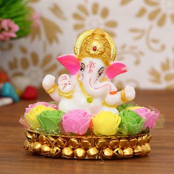 eCraftIndia Lord Ganesha Idol on DECORative Handcrafted Plate with Colorful Flowers 1