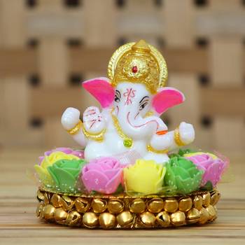 eCraftIndia Lord Ganesha Idol on DECORative Handcrafted Plate with Colorful Flowers 2