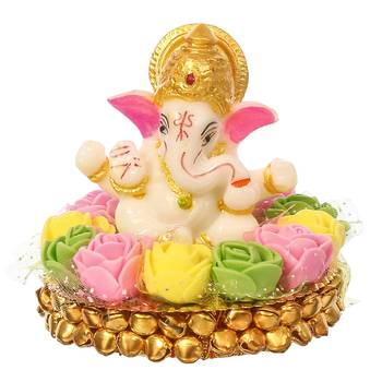 eCraftIndia Lord Ganesha Idol on DECORative Handcrafted Plate with Colorful Flowers 3