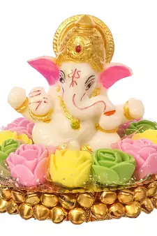 eCraftIndia Lord Ganesha Idol on DECORative Handcrafted Plate with Colorful Flowers