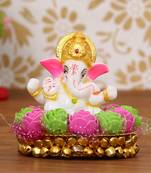 eCraftIndia Lord Ganesha Idol on DECORative Handcrafted Plate with Pink and Green Flowers