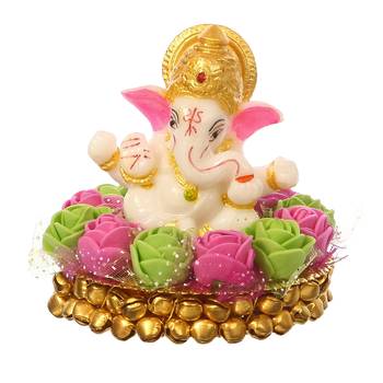 eCraftIndia Lord Ganesha Idol on DECORative Handcrafted Plate with Pink and Green Flowers 3