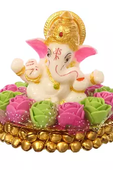 eCraftIndia Lord Ganesha Idol on DECORative Handcrafted Plate with Pink and Green Flowers