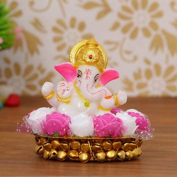 eCraftIndia Lord Ganesha Idol on DECORative Handcrafted Plate with Pink and White Flowers 1