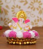 eCraftIndia Lord Ganesha Idol on DECORative Handcrafted Plate with Pink and White Flowers