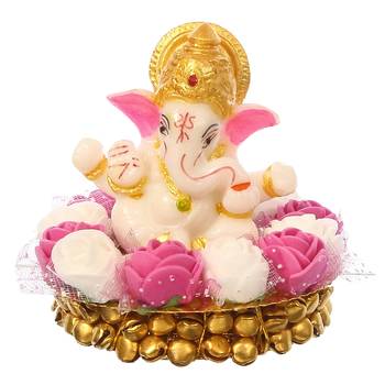 eCraftIndia Lord Ganesha Idol on DECORative Handcrafted Plate with Pink and White Flowers 3