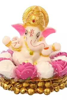 eCraftIndia Lord Ganesha Idol on DECORative Handcrafted Plate with Pink and White Flowers