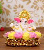 eCraftIndia Lord Ganesha Idol on DECORative Handcrafted Plate with Pink and Yellow Flowers