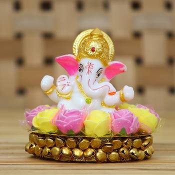 eCraftIndia Lord Ganesha Idol on DECORative Handcrafted Plate with Pink and Yellow Flowers 2