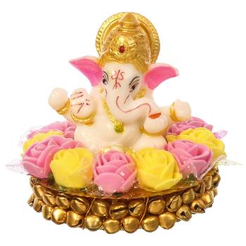 eCraftIndia Lord Ganesha Idol on DECORative Handcrafted Plate with Pink and Yellow Flowers 3