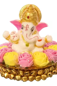 eCraftIndia Lord Ganesha Idol on DECORative Handcrafted Plate with Pink and Yellow Flowers