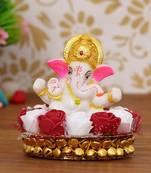eCraftIndia Lord Ganesha Idol on DECORative Handcrafted Plate with Red and White Flowers