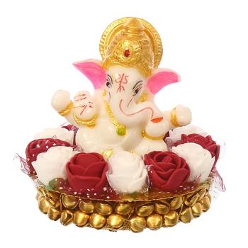 eCraftIndia Lord Ganesha Idol on DECORative Handcrafted Plate with Red and White Flowers 3
