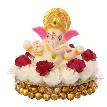 eCraftIndia Lord Ganesha Idol on DECORative Handcrafted Plate with White Flowers 3