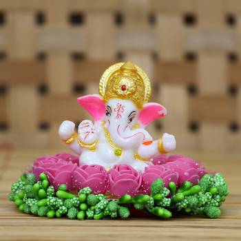 eCraftIndia Lord Ganesha Idol on DECORative Handcrafted Plate with Pink Flowers 2