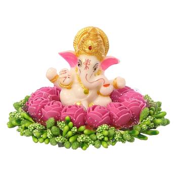 eCraftIndia Lord Ganesha Idol on DECORative Handcrafted Plate with Pink Flowers 3