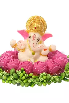 eCraftIndia Lord Ganesha Idol on DECORative Handcrafted Plate with Pink Flowers