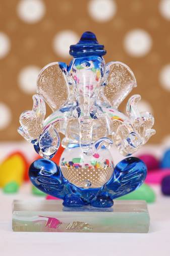 eCraftIndia Blue and Transparent Double Sided Crystal Car Ganesha Showpiece