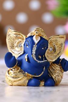 eCraftIndia Gold Plated Blue Kaan Ganesha DECORative Showpiece for Home Temple Office Car Dashboard
