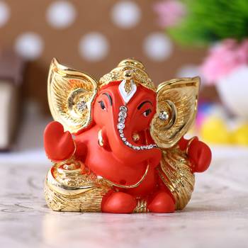 eCraftIndia Gold Plated Orange Kaan Ganesha DECORative Showpiece for Home Temple Office Car Dashboard 1