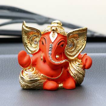 eCraftIndia Gold Plated Orange Kaan Ganesha DECORative Showpiece for Home Temple Office Car Dashboard 2