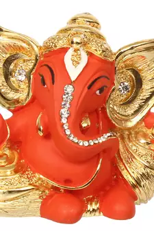 eCraftIndia Gold Plated Orange Kaan Ganesha DECORative Showpiece for Home Temple Office Car Dashboard