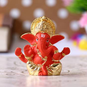 eCraftIndia Gold Plated Orange Mukut Ganesha DECORative Showpiece for Home Temple Office Car Dashboard 1