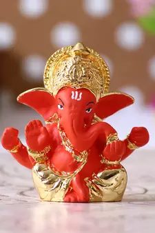 eCraftIndia Gold Plated Orange Mukut Ganesha DECORative Showpiece for Home Temple Office Car Dashboard
