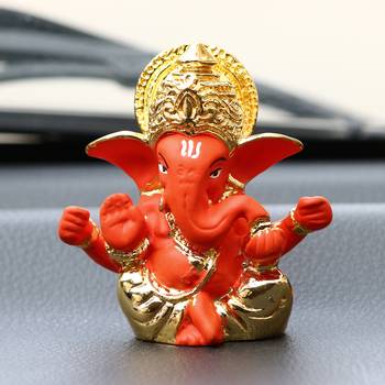eCraftIndia Gold Plated Orange Mukut Ganesha DECORative Showpiece for Home Temple Office Car Dashboard 2