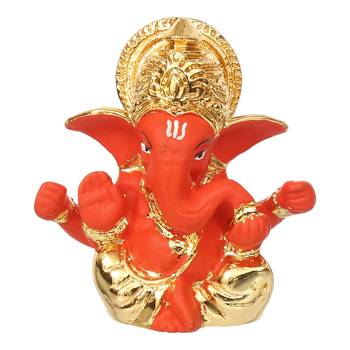 eCraftIndia Gold Plated Orange Mukut Ganesha DECORative Showpiece for Home Temple Office Car Dashboard 3