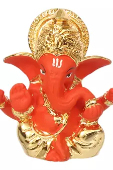 eCraftIndia Gold Plated Orange Mukut Ganesha DECORative Showpiece for Home Temple Office Car Dashboard