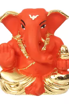 eCraftIndia Gold Plated Orange Appu Ganesha DECORative Showpiece for Home Temple Office Car Dashboard