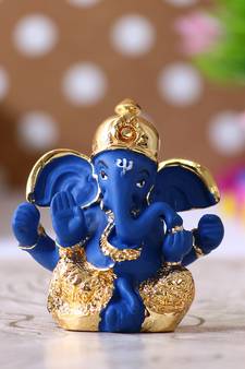 eCraftIndia Gold Plated Blue Dhoti Ganesha DECORative Showpiece for Home Temple Office Car Dashboard