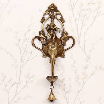 eCraftIndia DECORative Handcrafted Brass Wall Hanging of Dancing Ganesha on Elephant Head with Diya and Bell 1