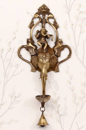 eCraftIndia DECORative Handcrafted Brass Wall Hanging of Dancing Ganesha on Elephant Head with Diya and Bell
