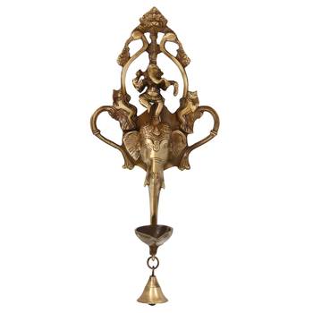 eCraftIndia DECORative Handcrafted Brass Wall Hanging of Dancing Ganesha on Elephant Head with Diya and Bell 3
