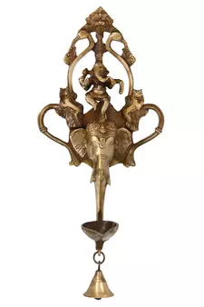 eCraftIndia DECORative Handcrafted Brass Wall Hanging of Dancing Ganesha on Elephant Head with Diya and Bell