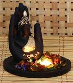 eCraftIndia Golden Handcrafted Palm Buddha DECORative Showpiece with Wooden Base  Fragranced Petals and Tealight