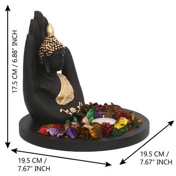 eCraftIndia Golden Handcrafted Palm Buddha DECORative Showpiece with Wooden Base  Fragranced Petals and Tealight 2