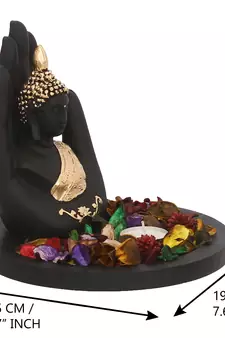 eCraftIndia Golden Handcrafted Palm Buddha DECORative Showpiece with Wooden Base  Fragranced Petals and Tealight