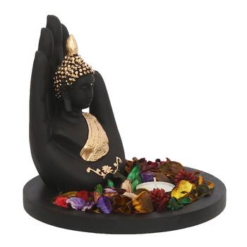 eCraftIndia Golden Handcrafted Palm Buddha DECORative Showpiece with Wooden Base  Fragranced Petals and Tealight 3