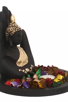 eCraftIndia Golden Handcrafted Palm Buddha DECORative Showpiece with Wooden Base  Fragranced Petals and Tealight