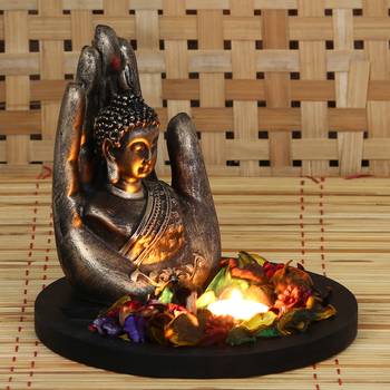 eCraftIndia Copper Finish Handcrafted Palm Buddha DECORative Showpiece with Wooden Base  Fragranced Petals and Tealight 1