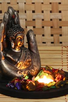 eCraftIndia Copper Finish Handcrafted Palm Buddha DECORative Showpiece with Wooden Base  Fragranced Petals and Tealight