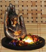 eCraftIndia Copper Finish Handcrafted Palm Buddha DECORative Showpiece with Wooden Base  Fragranced Petals and Tealight