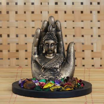 eCraftIndia Copper Finish Handcrafted Palm Buddha DECORative Showpiece with Wooden Base  Fragranced Petals and Tealight 2